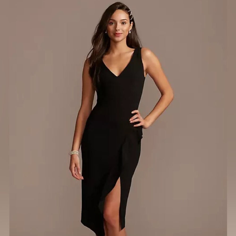 DB STUDIO
v-neck stretch crepe midi dress with ruffled slit HOT cocktail dress